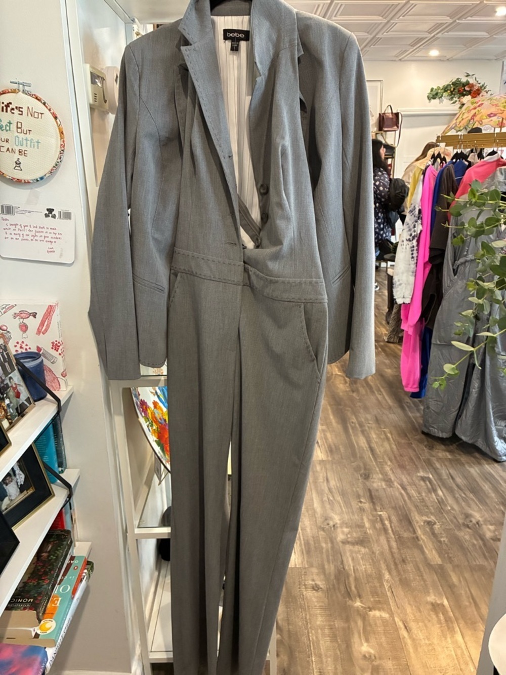 bebe vintage Gray Pinstripe Suit Jacket and halter jumpsuit size 4